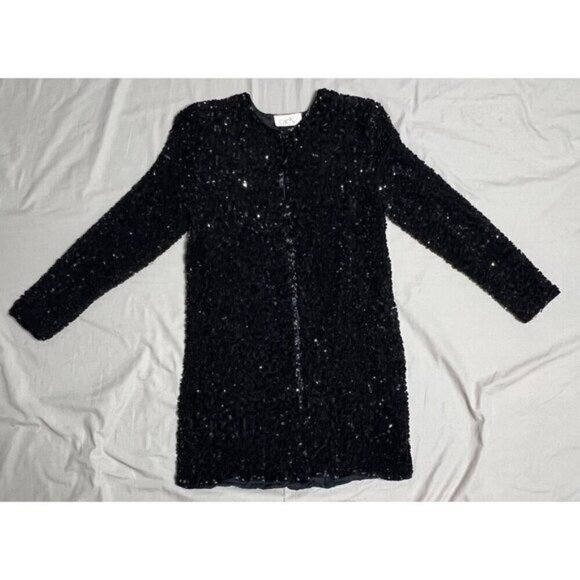 Cache Vintage Silk Black Sequin Textured Cardigan Jacket Women's Medium Formal - Picture 3 of 12